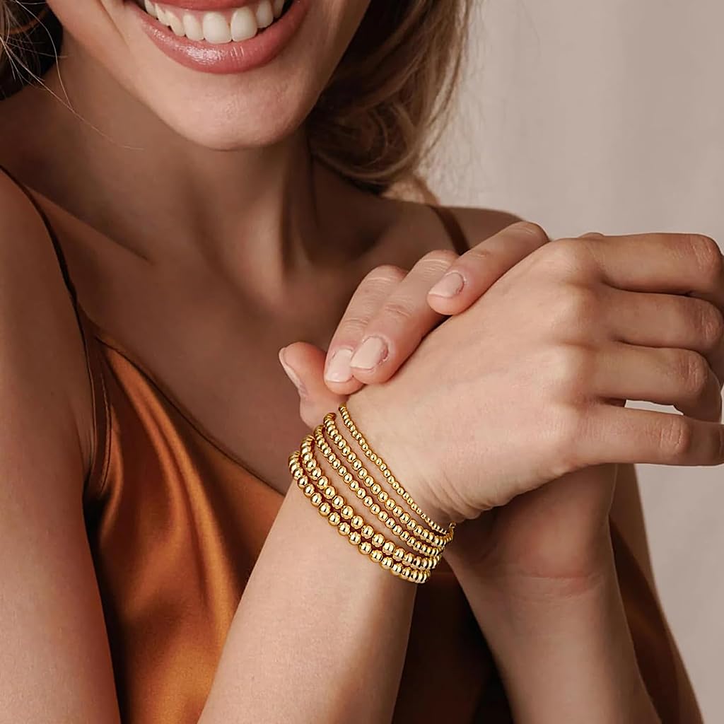 SANNIDHI 5pcs Women Beaded Bracelet Golden Resin Beaded Bracelet Stretchy Layered Fashion Bracelet Stackable Bracelets SANNIDHI 5pcs Women Beaded Bracelet Golden Resin Beaded Bracelet Stretchy Layered Fashion Bracelet Stackable Bracelets